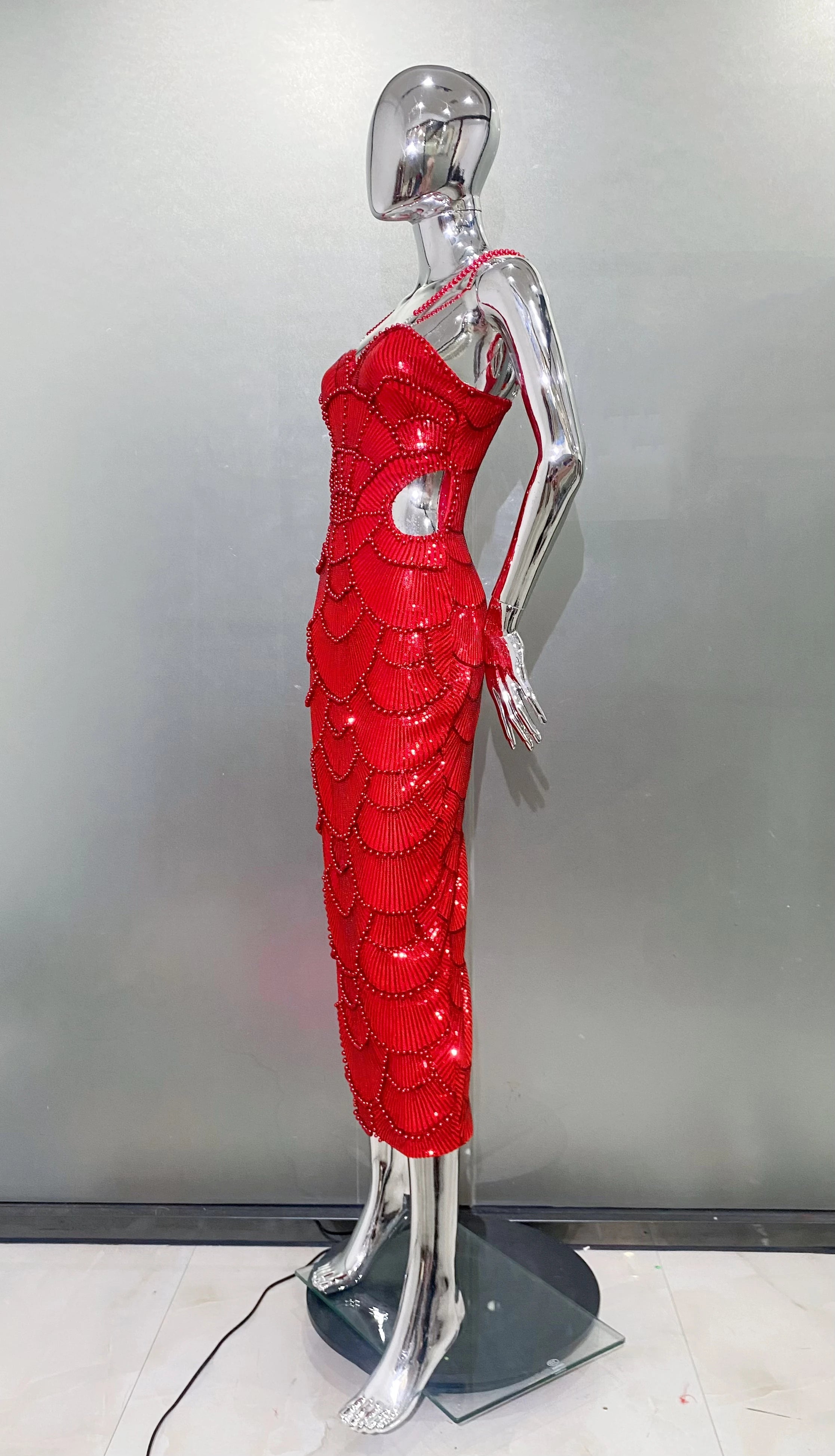 Red Color Women Sexy Strap Shinning Beading Sequins Bodycon Long Dress Celebrate Evening Party Cocktail Dress Wholesale