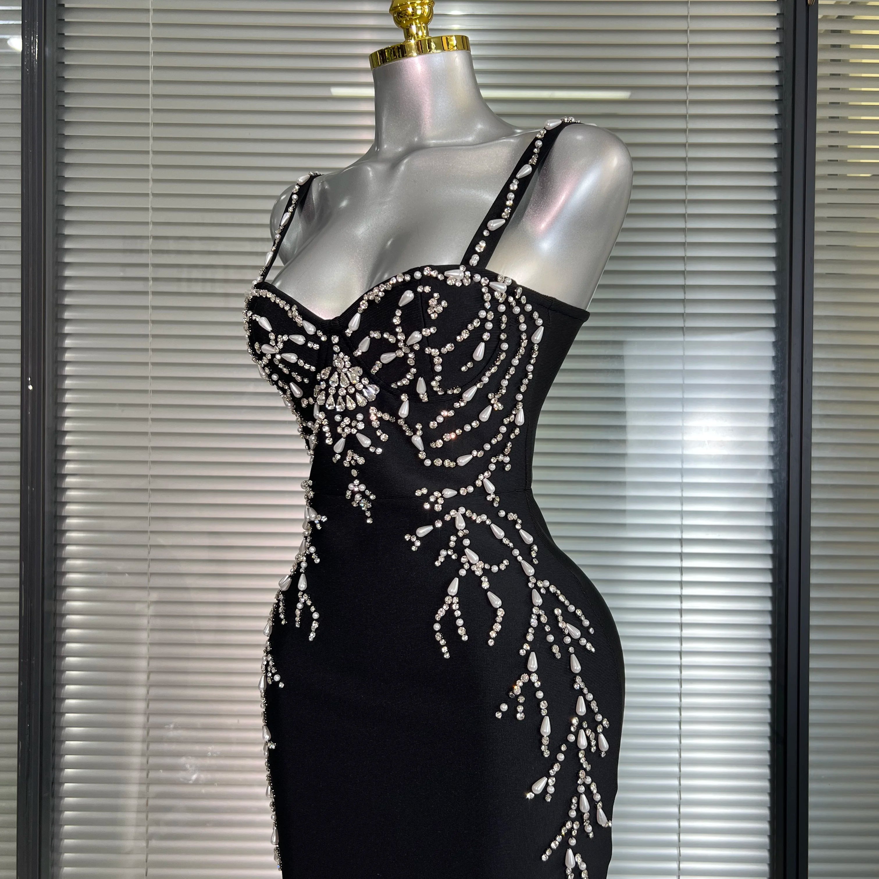 Summer New 2025 Women Black Long Bodycon Bandage Dress Crystal Evening Party Dress Vestido