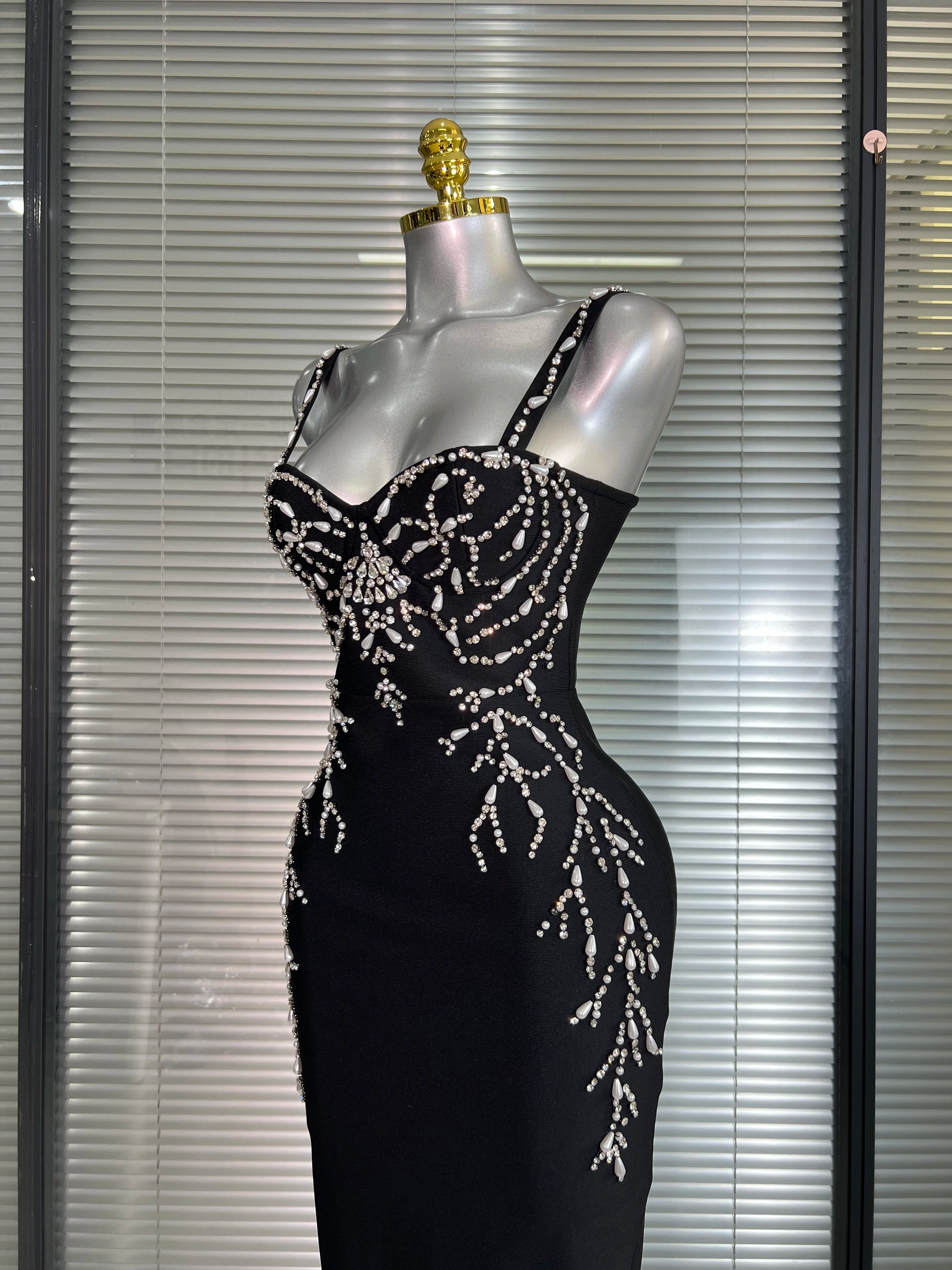 Summer New 2025 Women Black Long Bodycon Bandage Dress Crystal Evening Party Dress Vestido