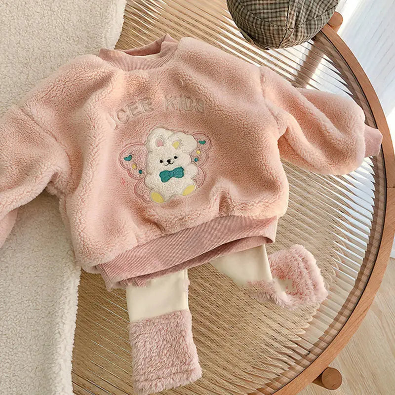 Winter Plush Children's Sets 2024 Cute Lamb Hair Little Bear Baby Clothes Set Thickened Kids Top Pant 2Pcs Set for Boys Girls