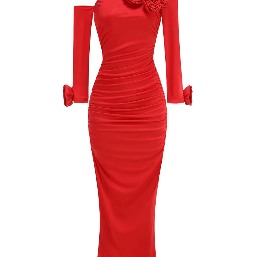 Women Celebrity Sexy Off Shoulder Flower Red Ruched Maxi Long Gowns Dress 2024 Elegant Evening Party Club Vestido