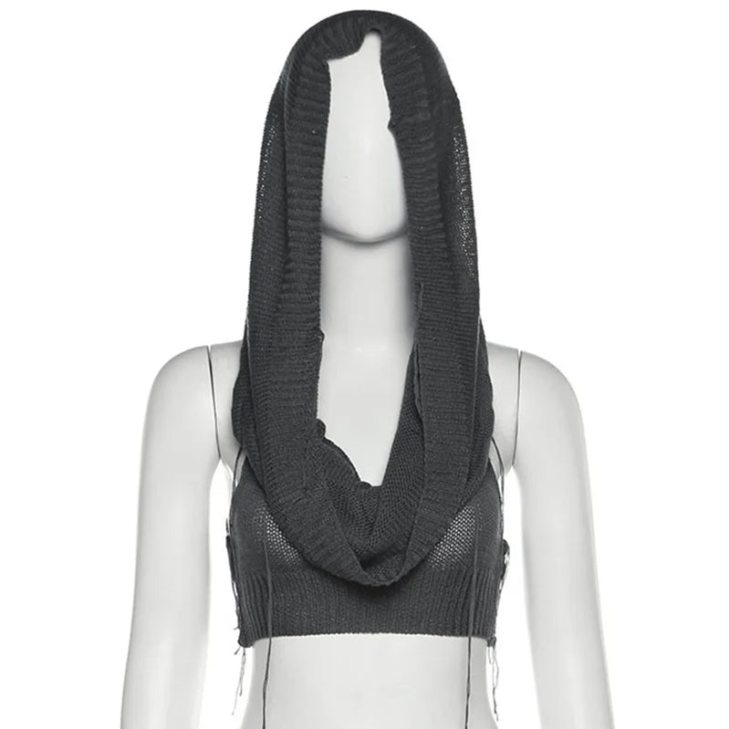 Knitted Y2k Hooded Crop Top Women Summer Sleeveless Off Shoulder T Shirt Top Hooded Tee Street Wear Fashion White Yuqung black
