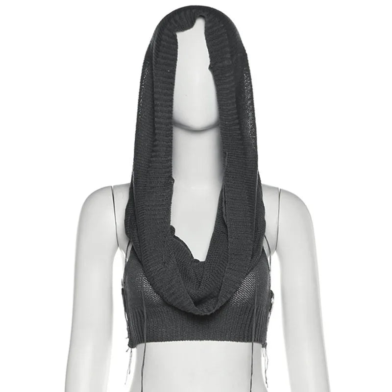 Knitted Y2k Hooded Crop Top Women Summer Sleeveless Off Shoulder T Shirt Top Hooded Tee Street Wear Fashion White Yuqung black