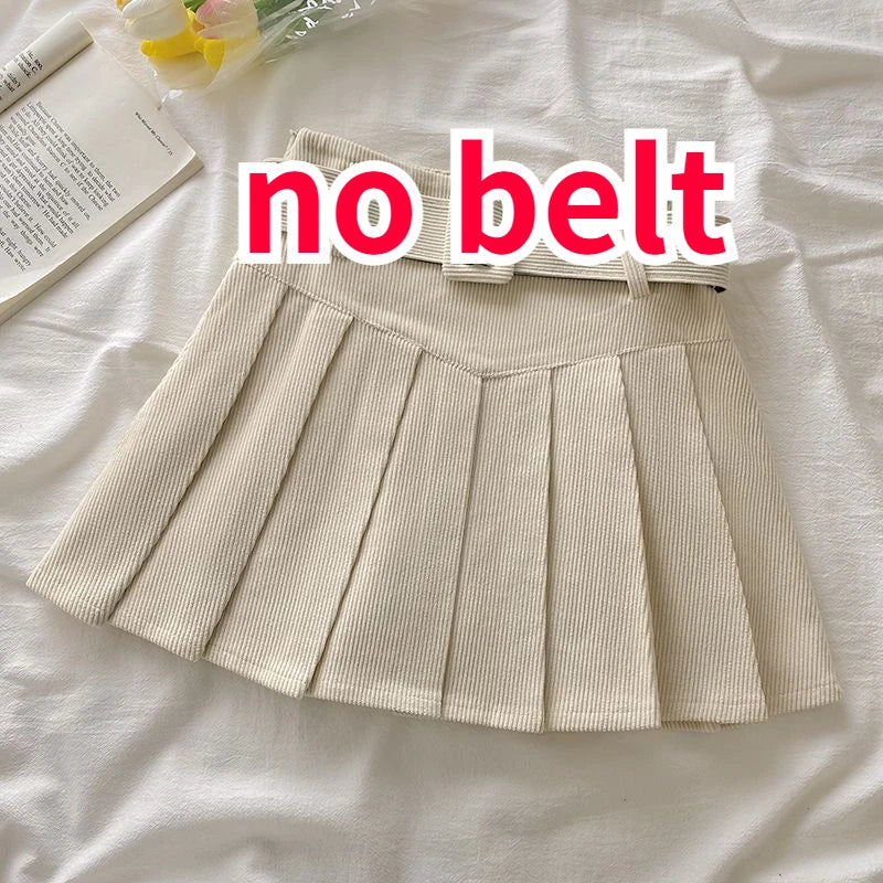 Pleated Mini Skirts Women Japan Students Corduroy Preppy Style Autumn Winter Basic Solid Bottoms Chic Vintage JK Slim All-match apricot no belt