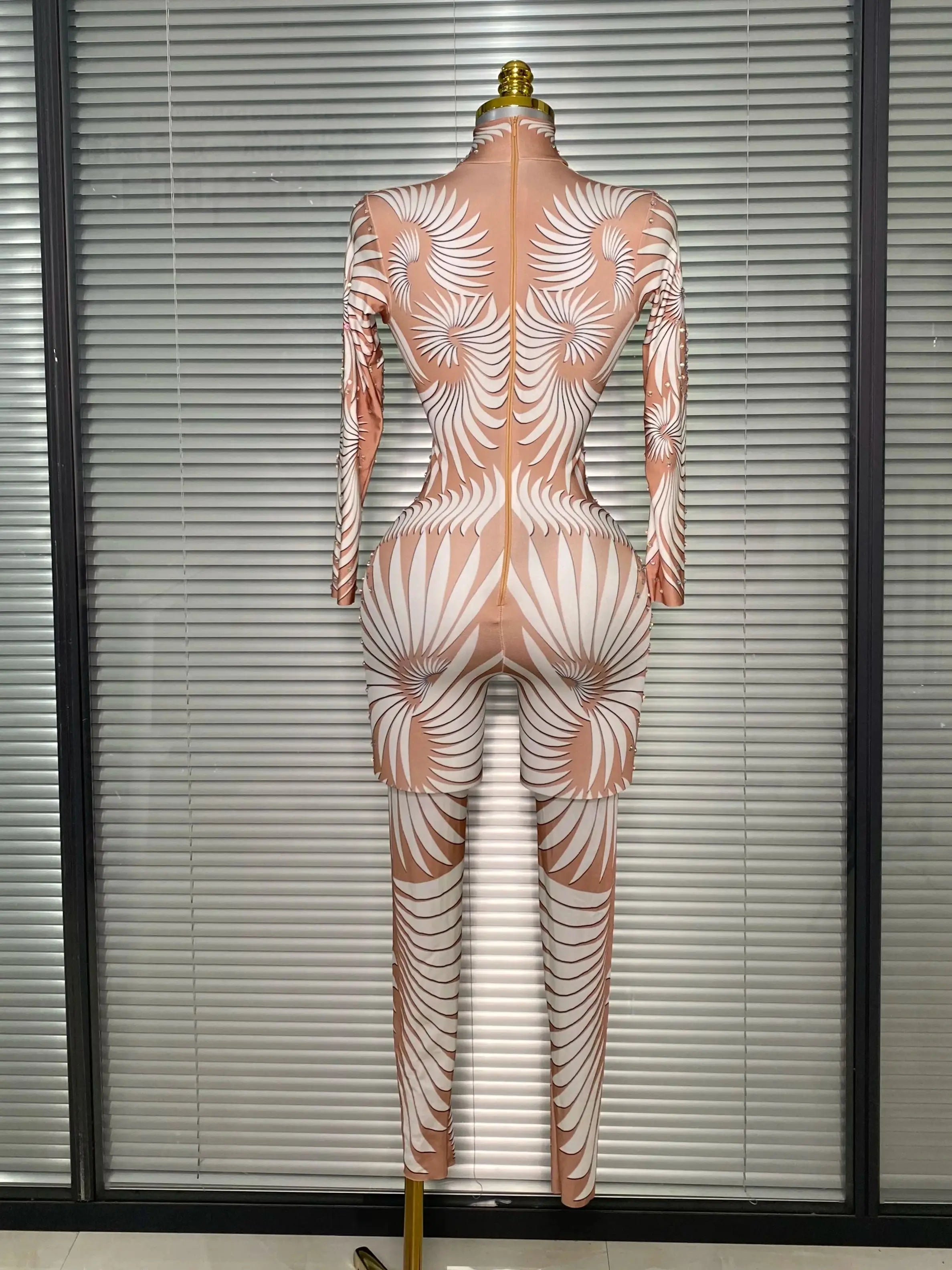 New 2025 Women Sexy Print Crystal Skin Bodycon Jumpsuit Celebrity Designer Stretchy Singer Dancer Night Club Rompers