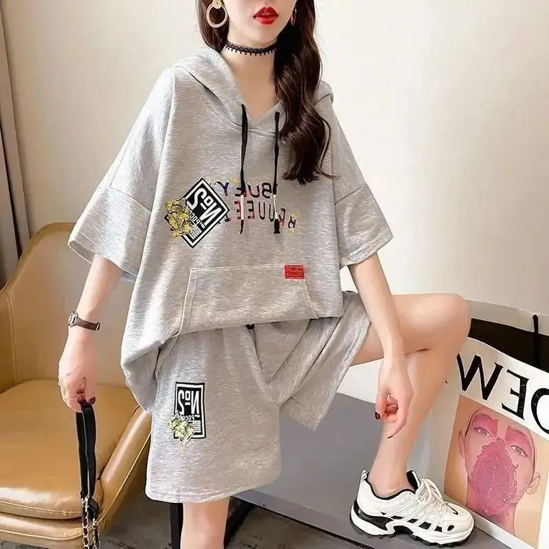Women's Casual Suit 2025 Summer New Large Cotton Hooded Short-Sleeved Tops And Shorts Two Piece Set Household Plus Size Clothing
