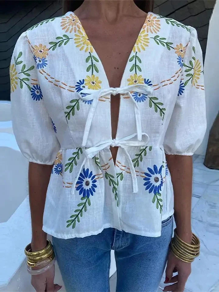 Fashion Print Bow Lace Up Women Blouses Loose V-neck Short Puff Sleeve Female Shirts Spring Summer Casual Lady Flower Tops