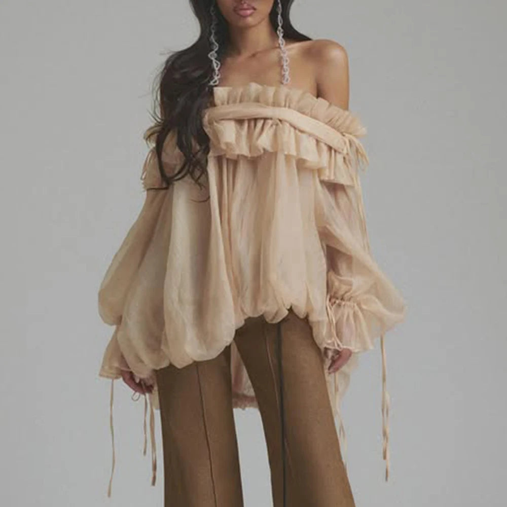 TWOTWINSTYLE Solid Loose Spliced Folds Blouse for Women Slash Neck Long Sleeves Patchwork Lace Up Fashion Top Female Clothing