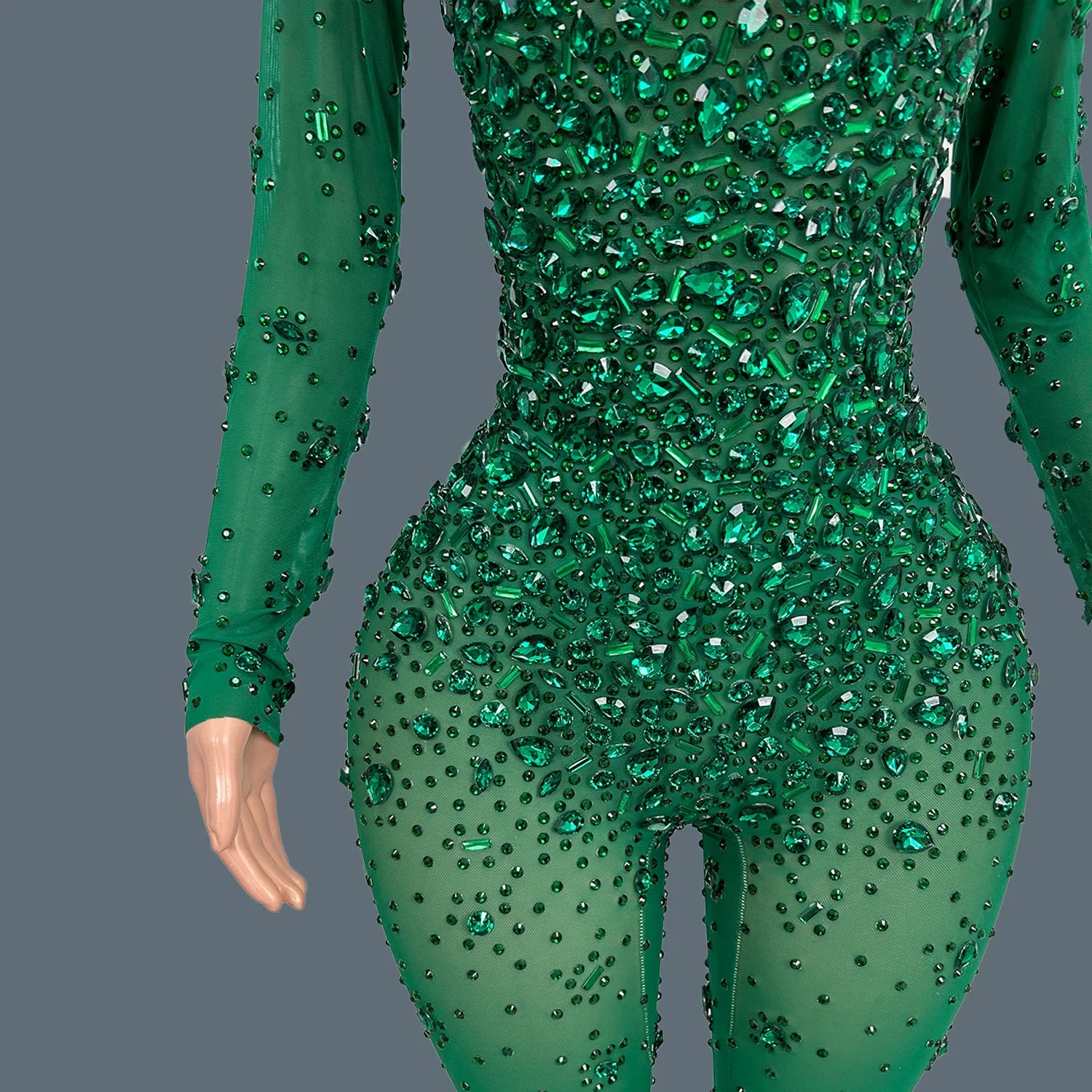 Sparkly Rhinestone See Through Mesh Tight Fitting Jumpsuit Women Night Party Outfit Female Singer Stage Performance Wear Cuican