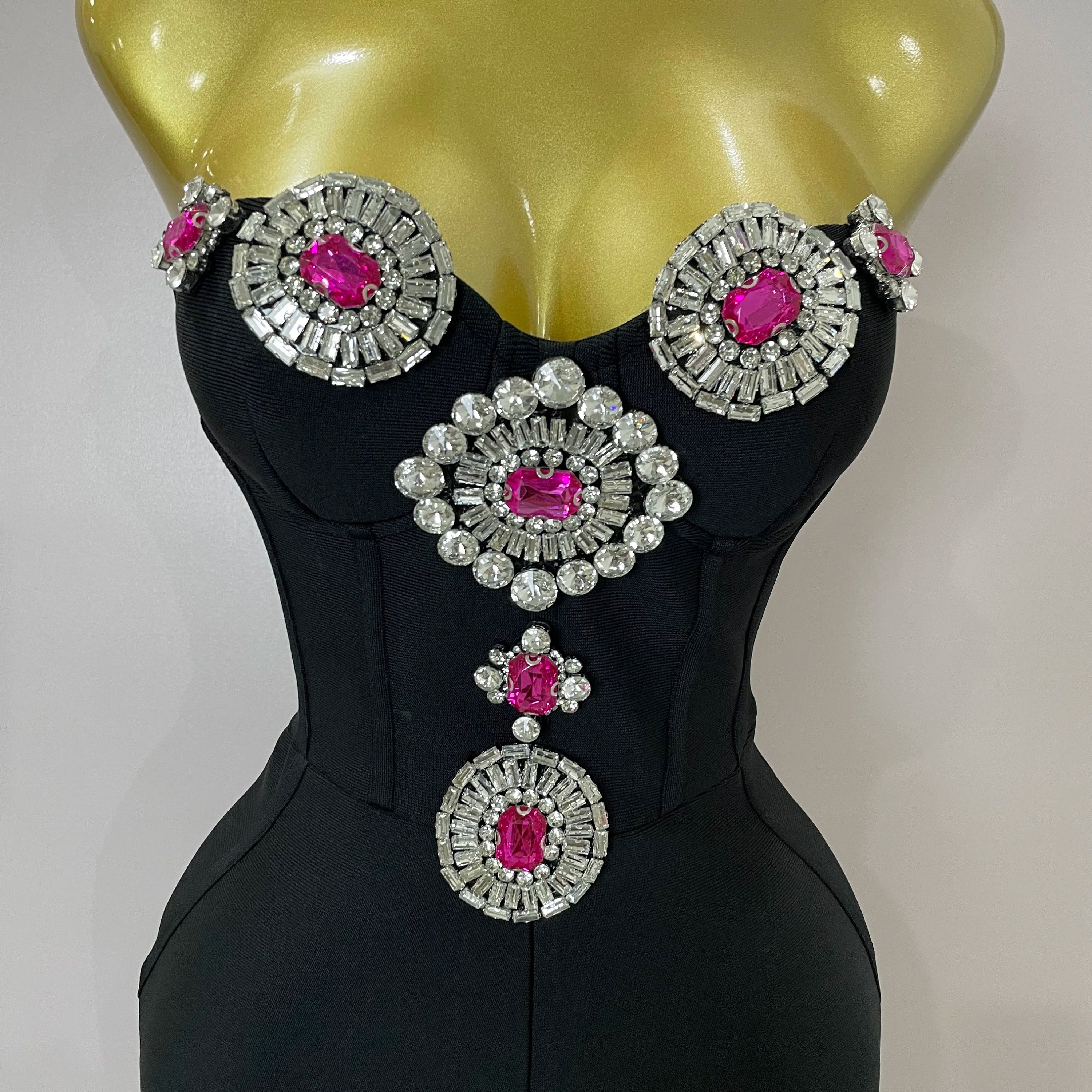 Luxury Sexy Strapless Backless Crystal Diamonds Black Bodycon Bandage Jumpsuit 2025 Women Celebrity Designer High Street Rompers