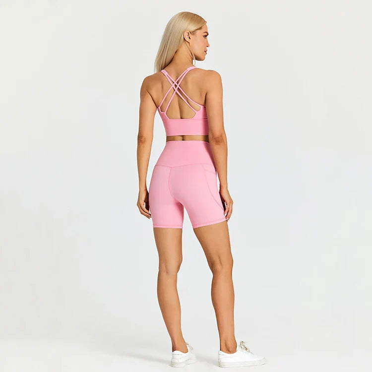 ABS LOLI Pockets Yoga Shorts Set Women Fitness Suit 2 Piece Sports Gym Wear Workout Clothes Running Sportswear Sport Outfit grapefruit powder