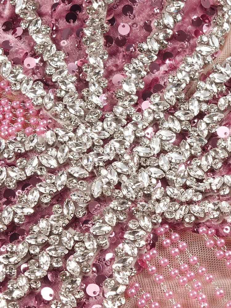 VC Pink Sparkly Sequins Long Dress Pearls Chains Design Off the Shoulder Long Sleeves Formal Occasion Mermaid Party Evening Gown