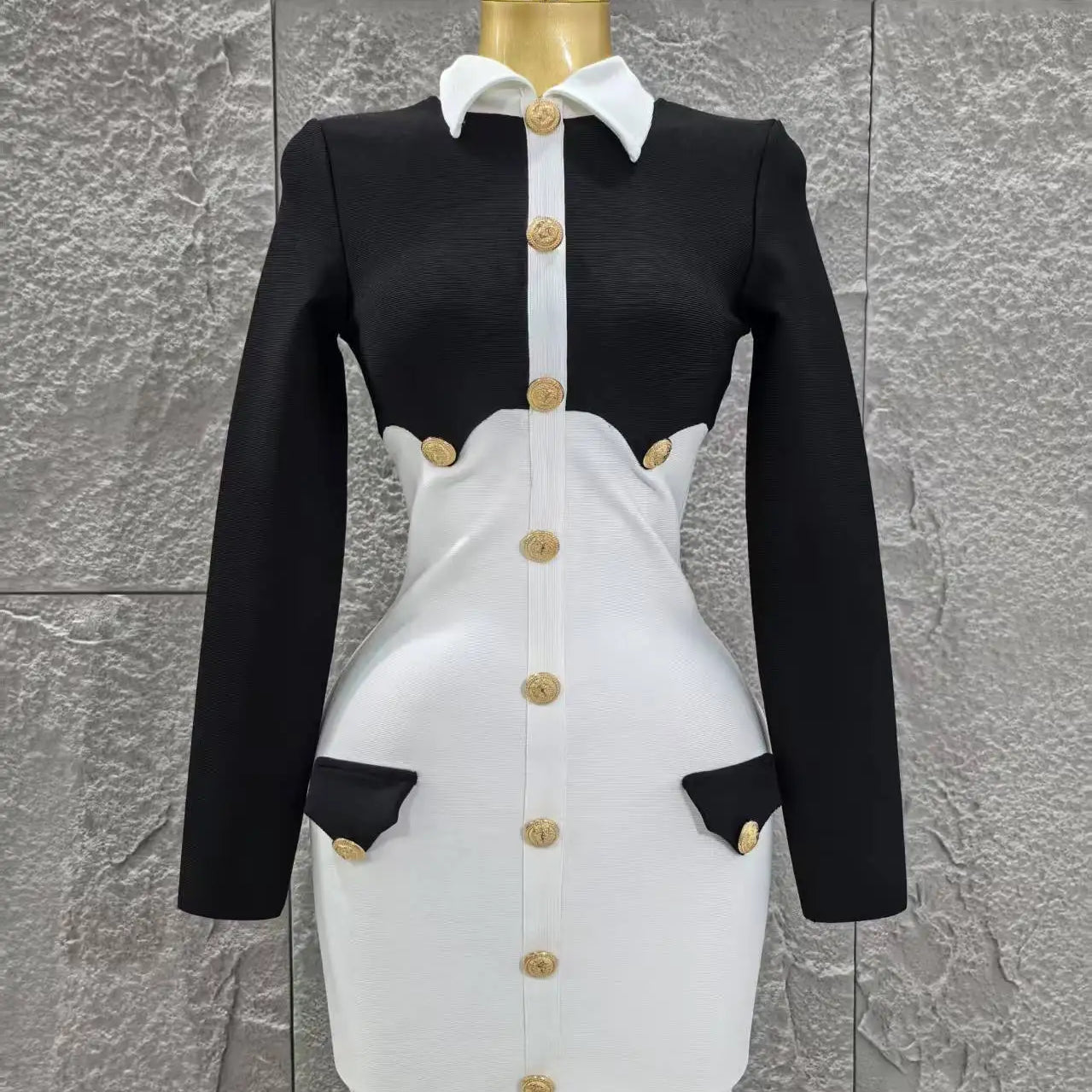 Women Long Sleeve Sexy Pacthwork Button Bodycon Mini Bandage Dress Elegant Evening Party Red Carpet Fashion Cocktail Outfit