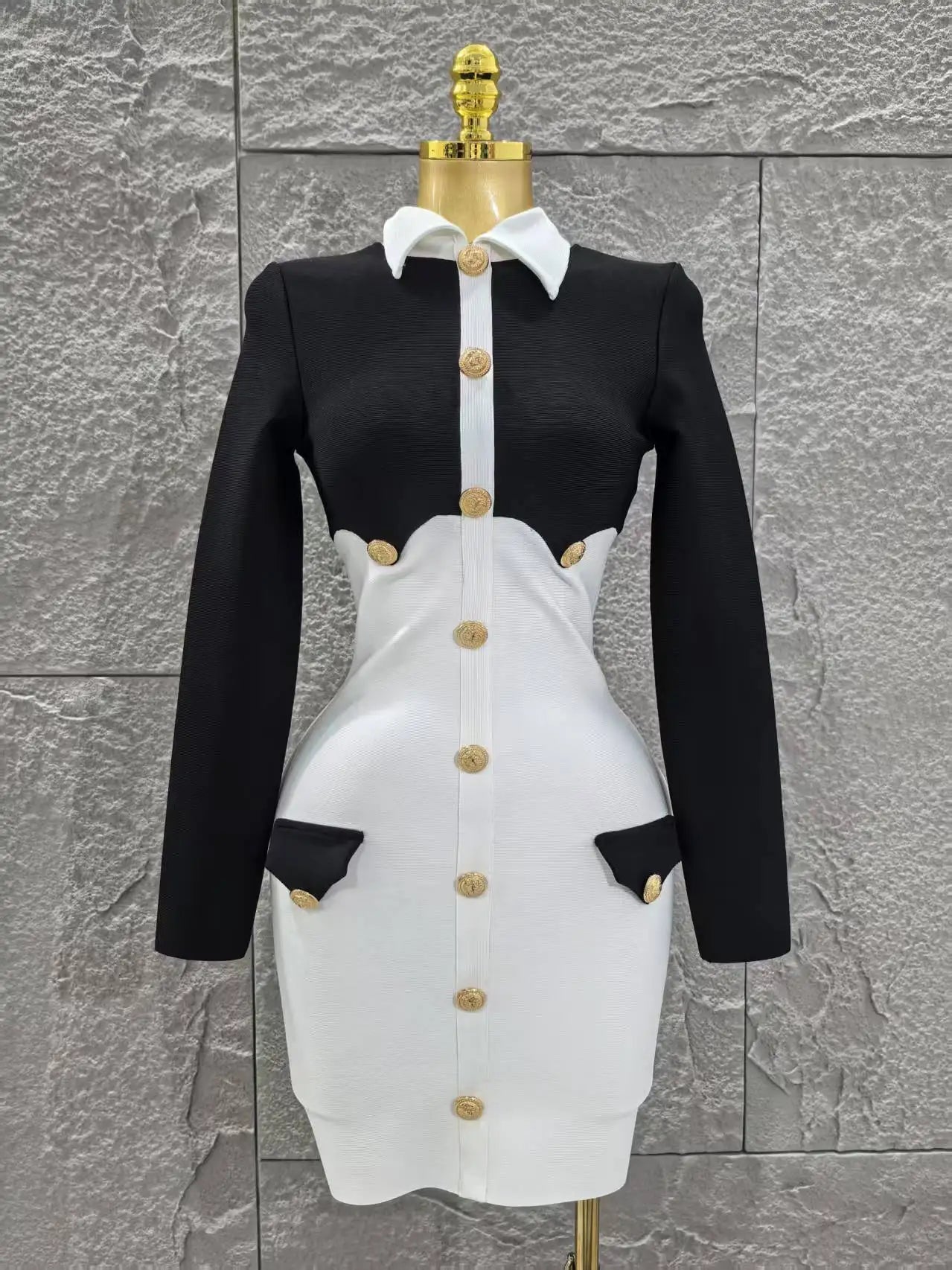 Women Long Sleeve Sexy Pacthwork Button Bodycon Mini Bandage Dress Elegant Evening Party Red Carpet Fashion Cocktail Outfit