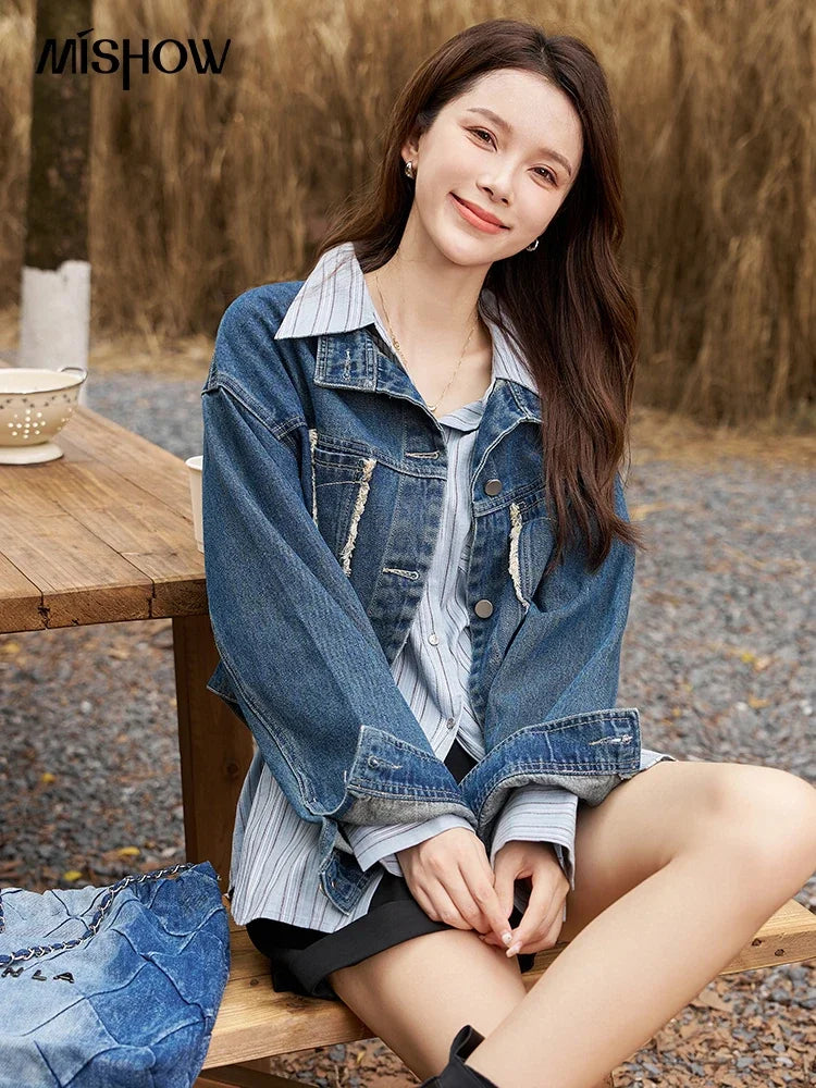 Women's Denim Coat with Raw Edge Autumn Korean Loose Pocket Embroidery Polo Neck Streetwear Casual Jacket