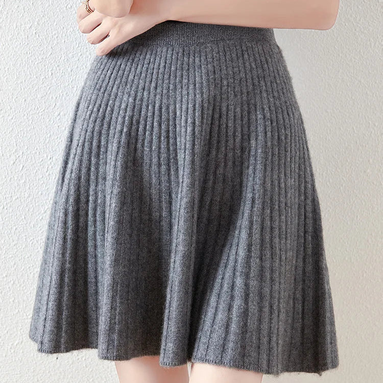 Autumn/Winter New 100% Wool Short Pleated Skirt Waist Cinching Slimming Knit Bottom Skirt Women's Bag Buttocks Umbrella Skirt Dark Grey