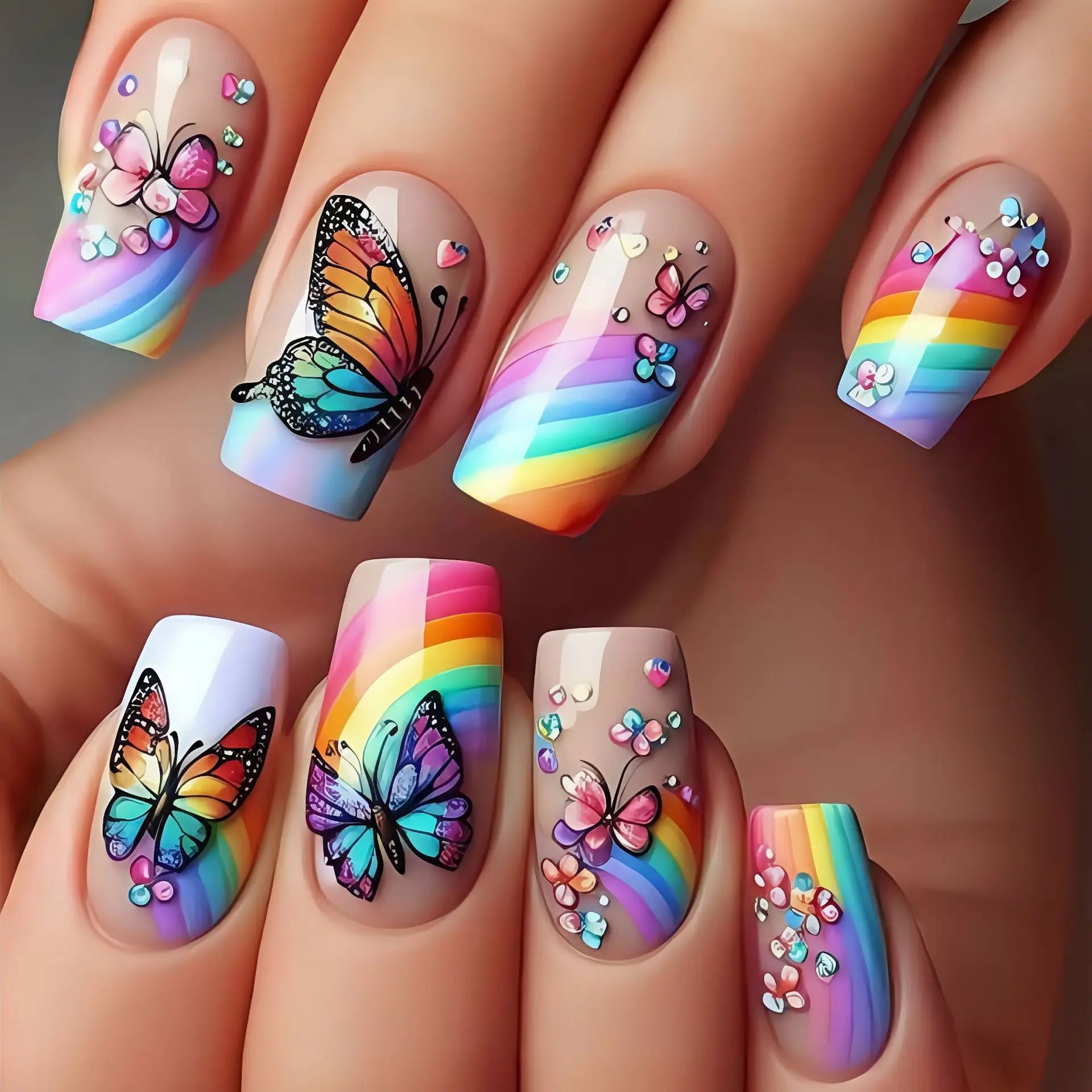 24Pcs Medium Coffin Press on Nails Colorful Gradient Stripes Gel Fake Nails Dreamy Rainbow Butterfly Nail Plant Flowers Nail Tip