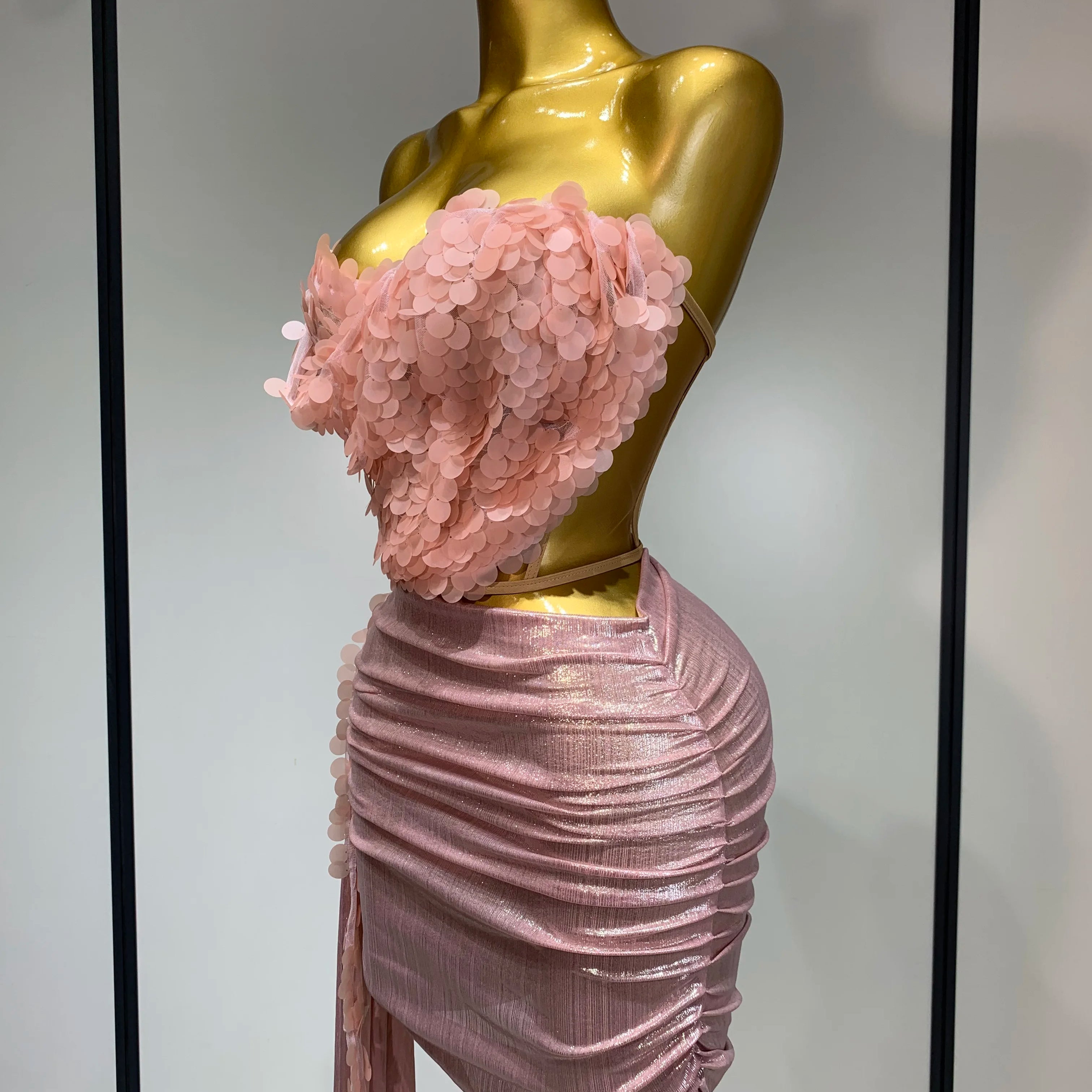 Sparkly Sequins Short Dress Women Sexy Party Evening Prom Celebrate Birthday Photo Shoot Two-piece set Nightclub Dance Costume