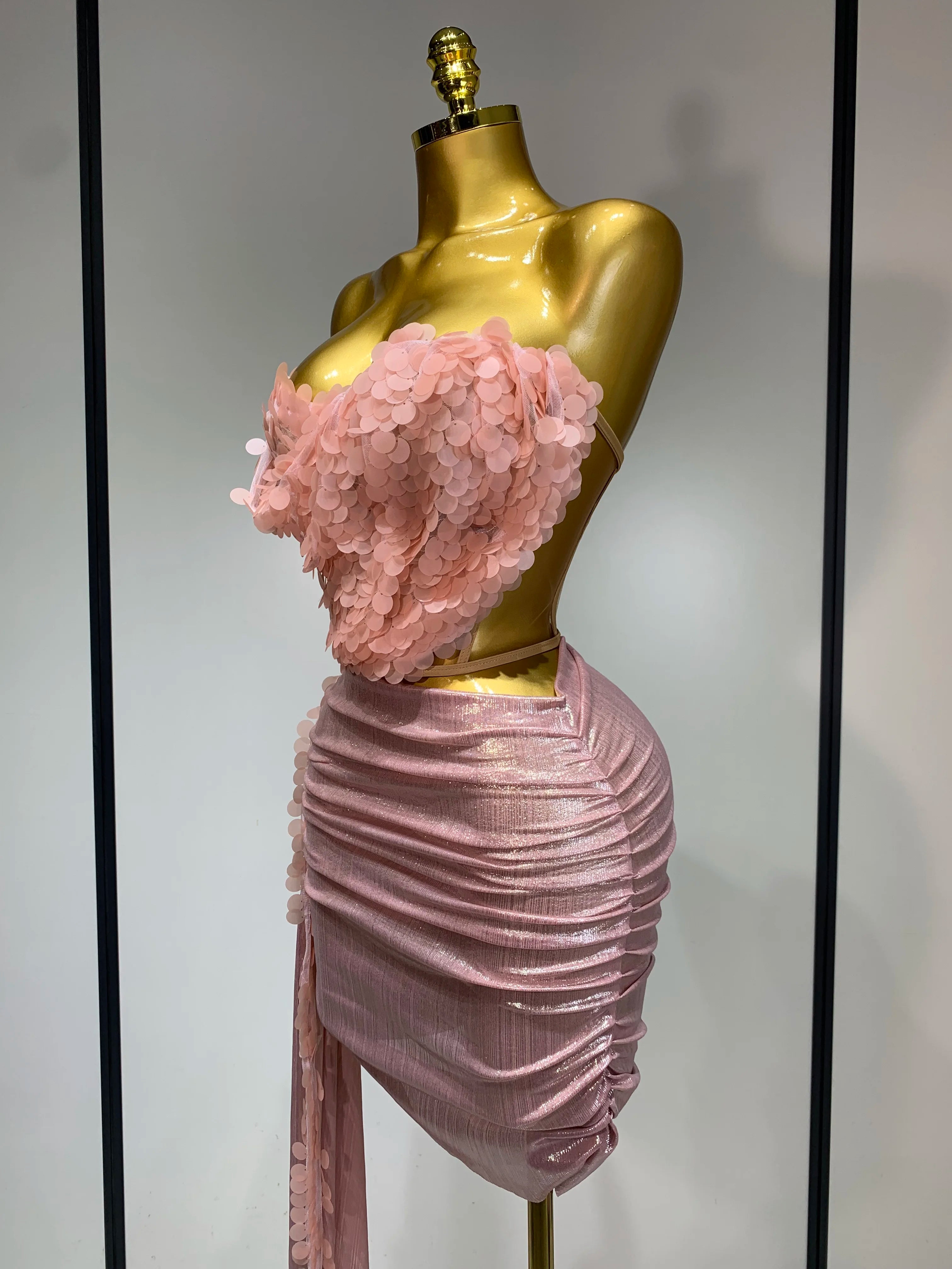 Sparkly Sequins Short Dress Women Sexy Party Evening Prom Celebrate Birthday Photo Shoot Two-piece set Nightclub Dance Costume