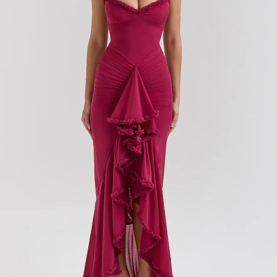 Suninheart Irregular Mesh Party Dresses 2024 New Arrivals Spaghetti Strap Bodycon Dress Fashion Ruched Long Dress Women