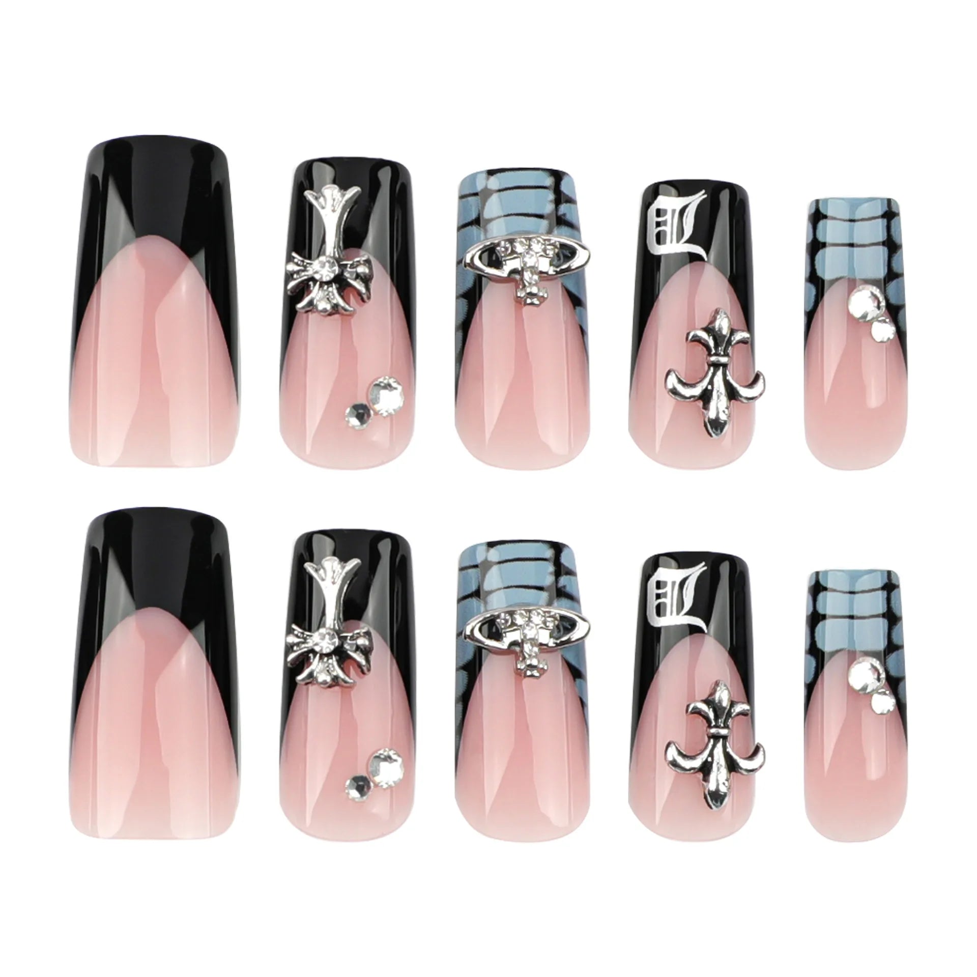 24pcs French Black Crocodile Pattern Beautiful Cross Press on Nail Tips Artificial Fake Nails Seamless Removable False Nails