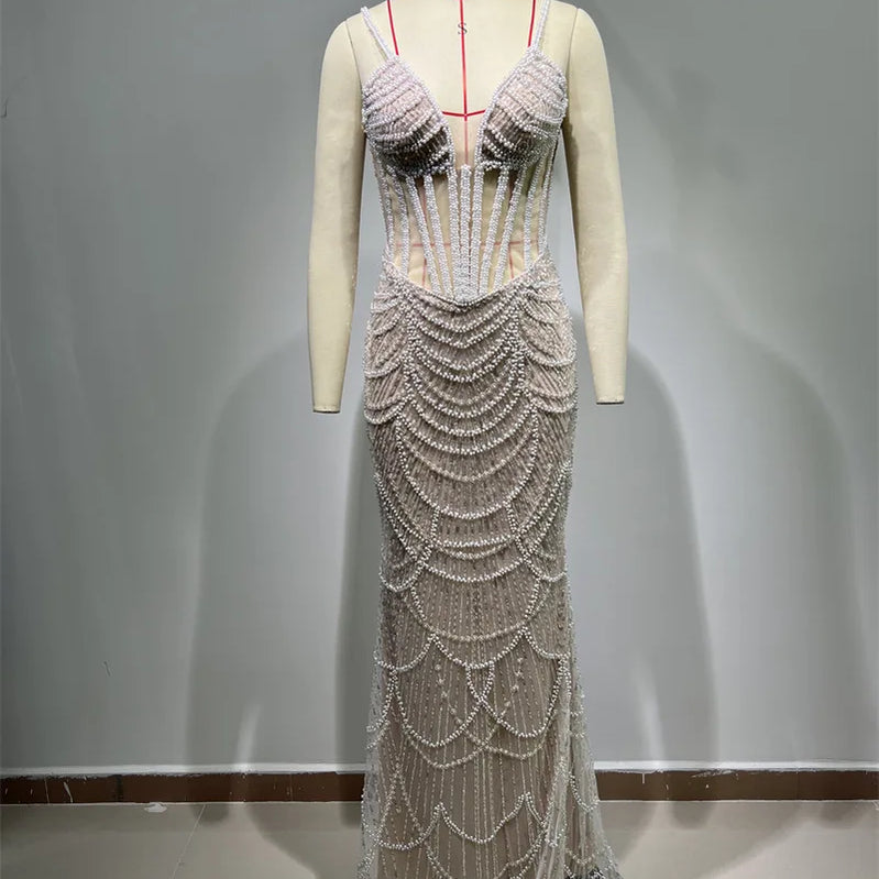 2025 Luxury Pearl Beading Haute Couture Sexy V-Neck Floor Length Dress Woman Birthday Party Dress Wedding Party Goddess Vestido
