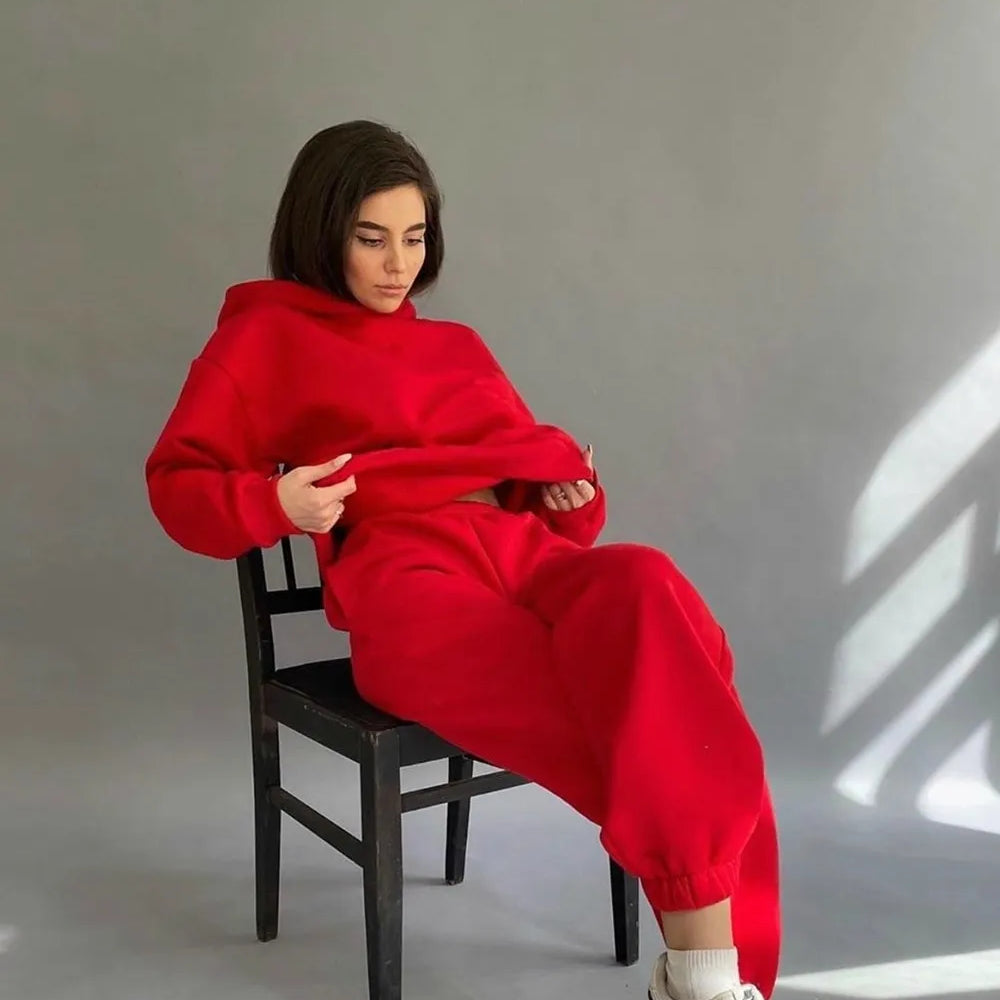 Fashion Women's Sports Two-Piece Autumn Hooded Long-Sleeved And Baggy Pants Fitness Set Solid Color Lady 2-Piece Suit Outfits Red