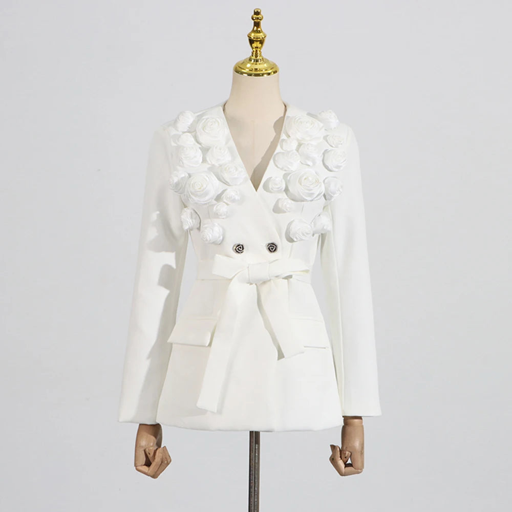 TWOTWINSTYLE Solid Spliced Appliques Two Piece Sets for Women V Neck Long Sleeve Patchwork Pocket Top High Waist Pant Set Female