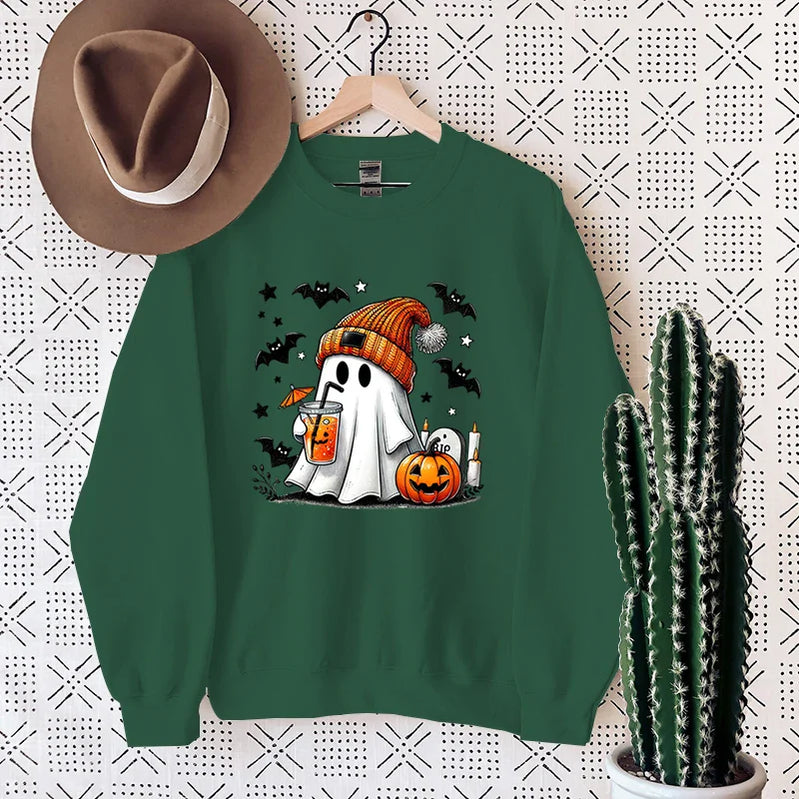 New Women's Sweatshirt Halloween Ghost Pumpkin Bat Print Round Neck Pullovers Ladies Autumn Winter Casual Halloween Sweatshirt green
