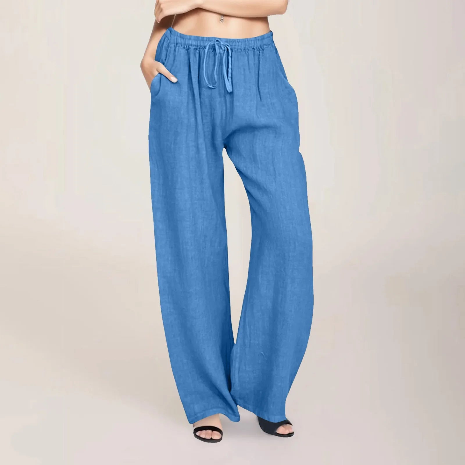 Ladies Casual Solid Color Pants Drawstring Cotton Linen Loose Yoga Sports Fitness Trousers Womens Baggy Pants Blue CN