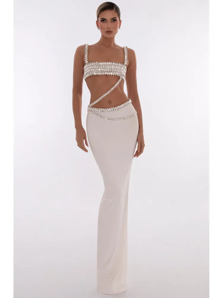 Women Summer Celebrity Sexy Beading Split Maxi Long White Bandage Skirt Set 2024 Knitted Elegant Evening Club Party Clothing