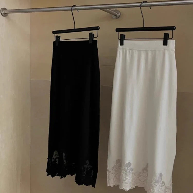Patchwork Lace Skirts Women Fashion Knitted Jupe 2023 Faldas Mujer De Moda High Waist Tunic Saia Vintage Temperament Long Skirt