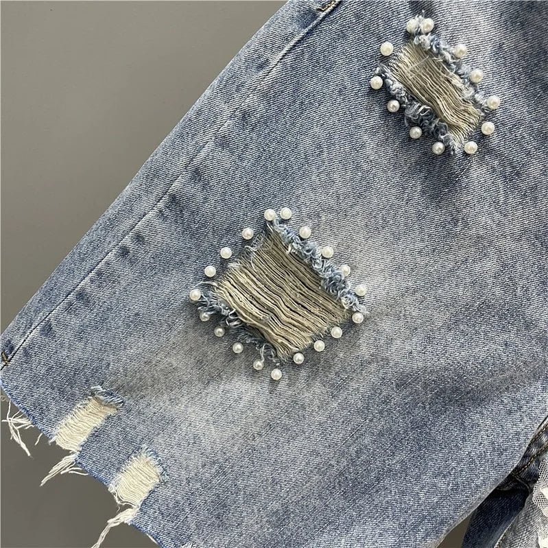 Summer Denim Shorts Women Tassel Sequin Beading Fashion Ripped Jeans Shorts High Waist Knee Length Pants Female