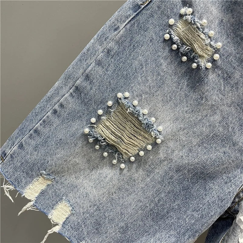 Summer Denim Shorts Women Tassel Sequin Beading Fashion Ripped Jeans Shorts High Waist Knee Length Pants Female