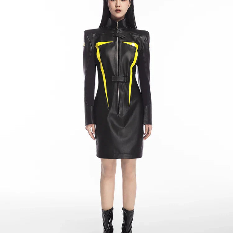 Spring Autumn Cool Red and Black Patchwork Faux Leather Maxi Dress Women with Detachable Hem Luxury Designer Clothing