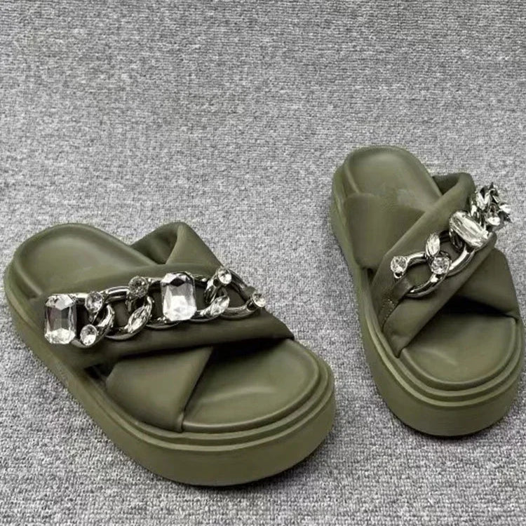 Women Crystal Slippers Chain Flats Platform Sandals Summer Ladies Casual Home Slides Women Beach Shoes Flip Flops Mujer army green