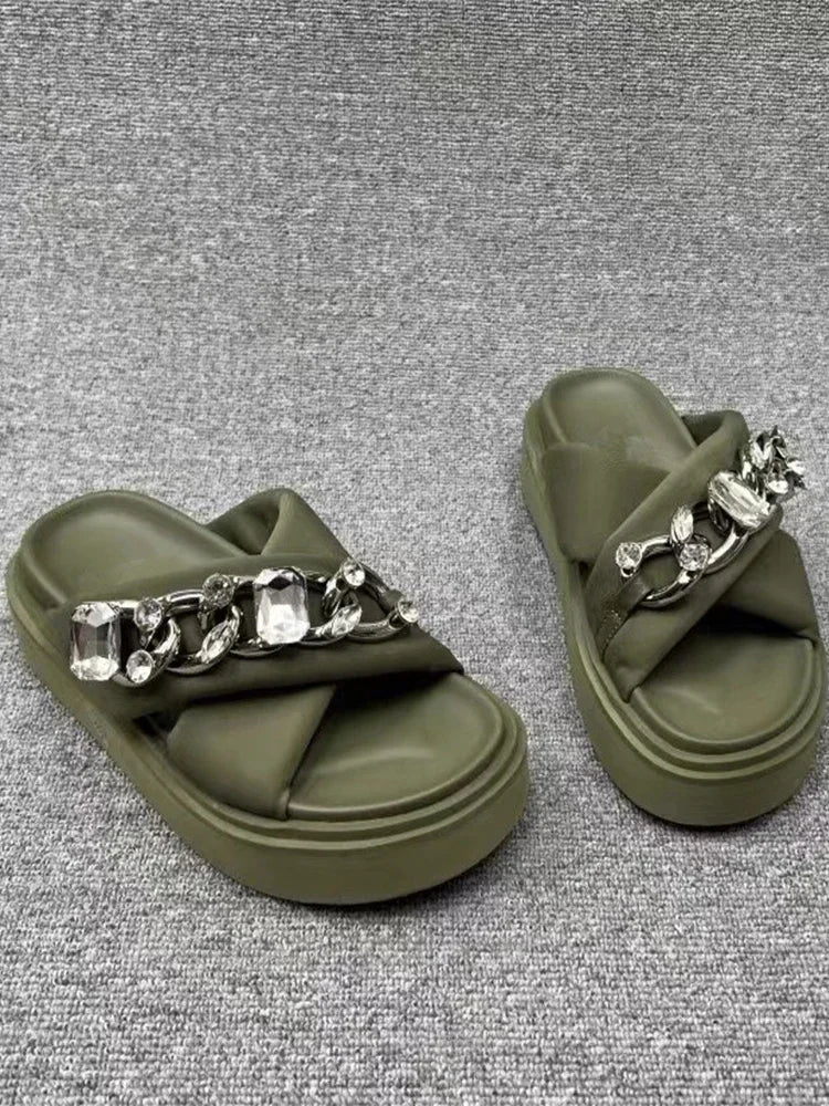 Women Crystal Slippers Chain Flats Platform Sandals Summer Ladies Casual Home Slides Women Beach Shoes Flip Flops Mujer army green