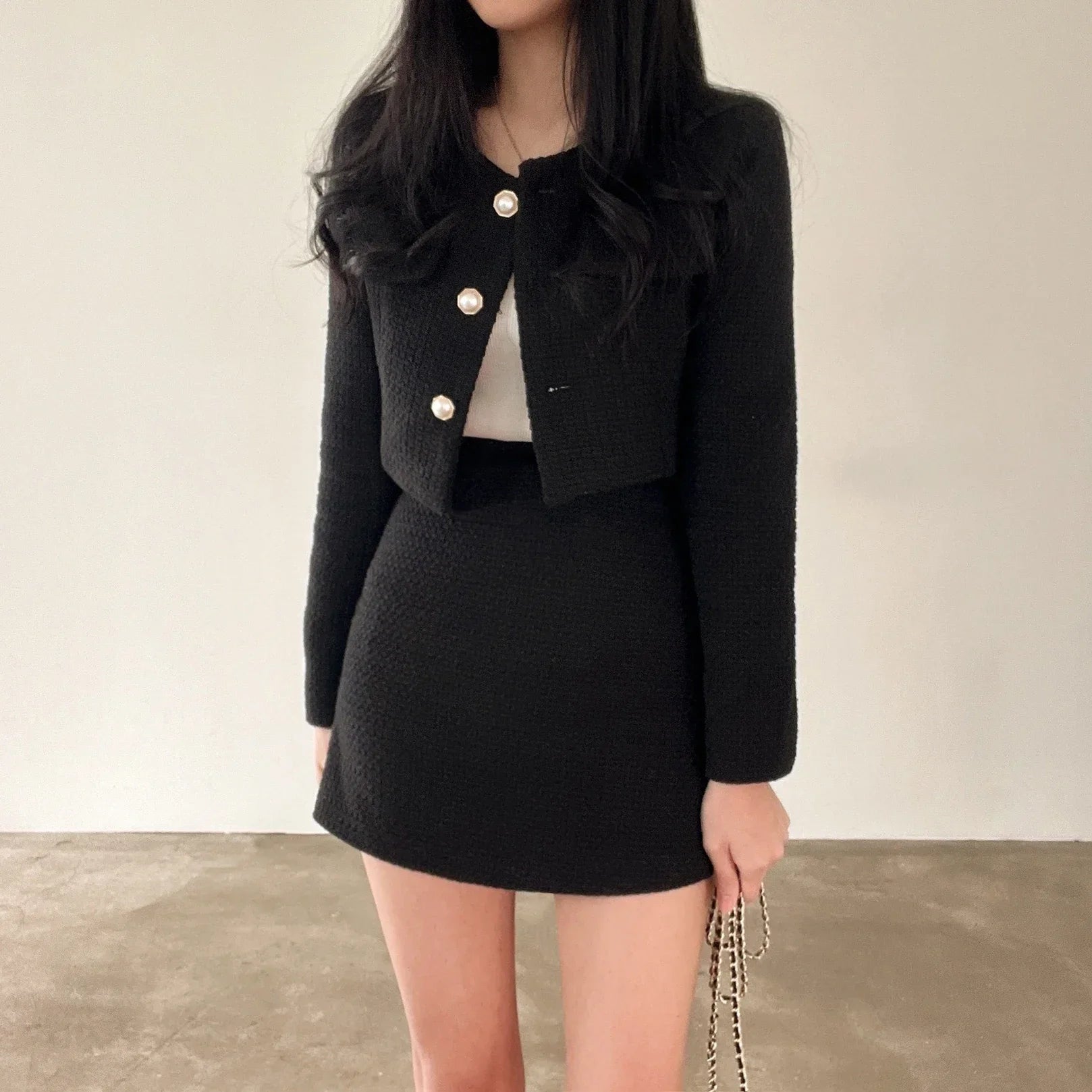 Spring New Single Breasted Tweed Jackets Coat + High Waist Mini Skirt 2 Piece Sets Women Outfit Elegant Luxury Office Suit black