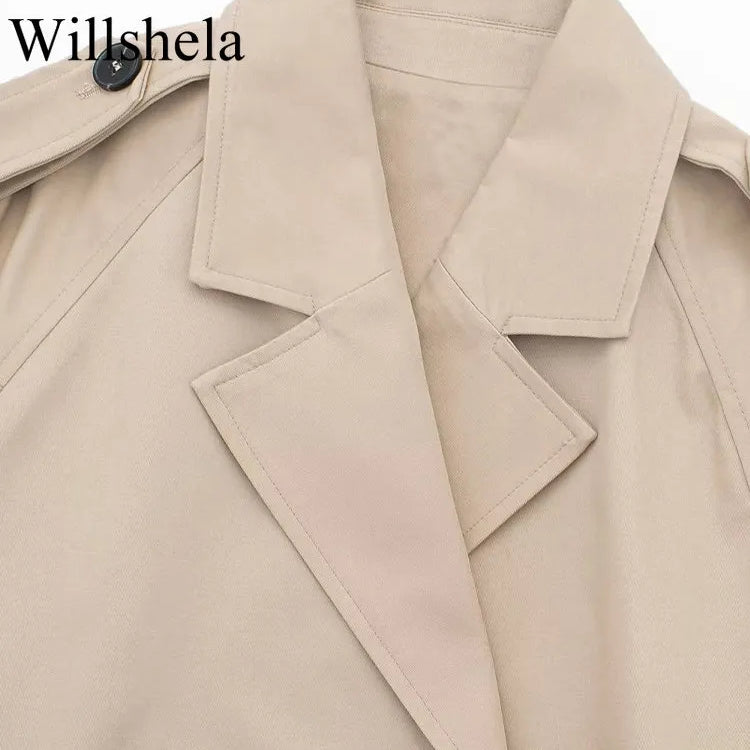 Willshela Women Fashion With Belt Cropped Trench Jacket Vintage Notched Neck Long Sleeve Female Chic Lady Coat Outfits