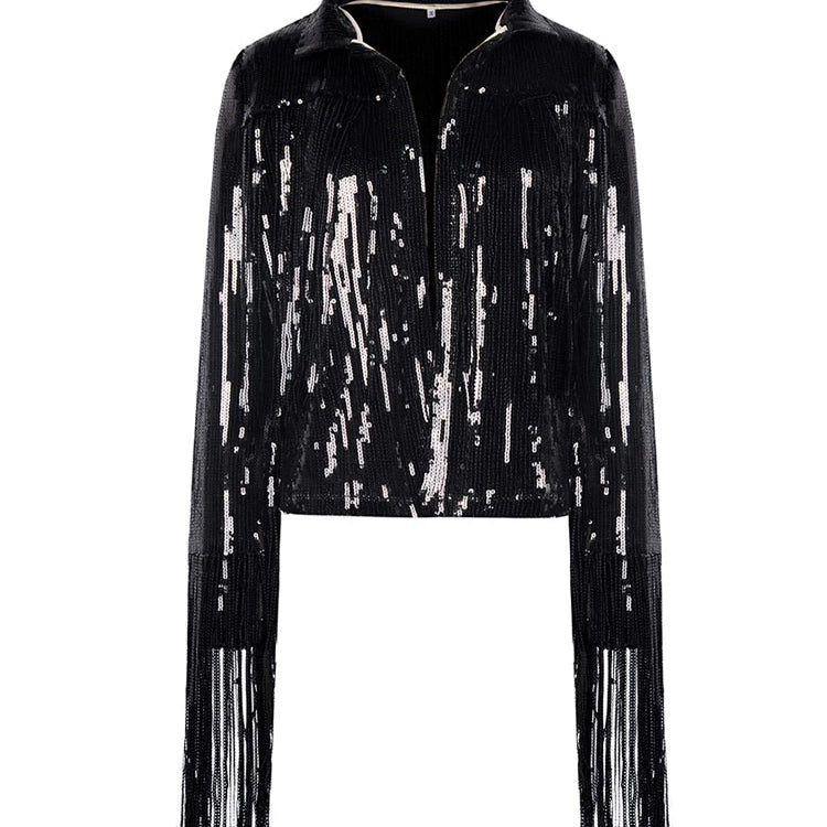 Reflective Tassel Sequin Jacket Women Outwear Tops Retro Long-sleeved Coat Summer Autumn Streewear New Female Jackets Black One Size