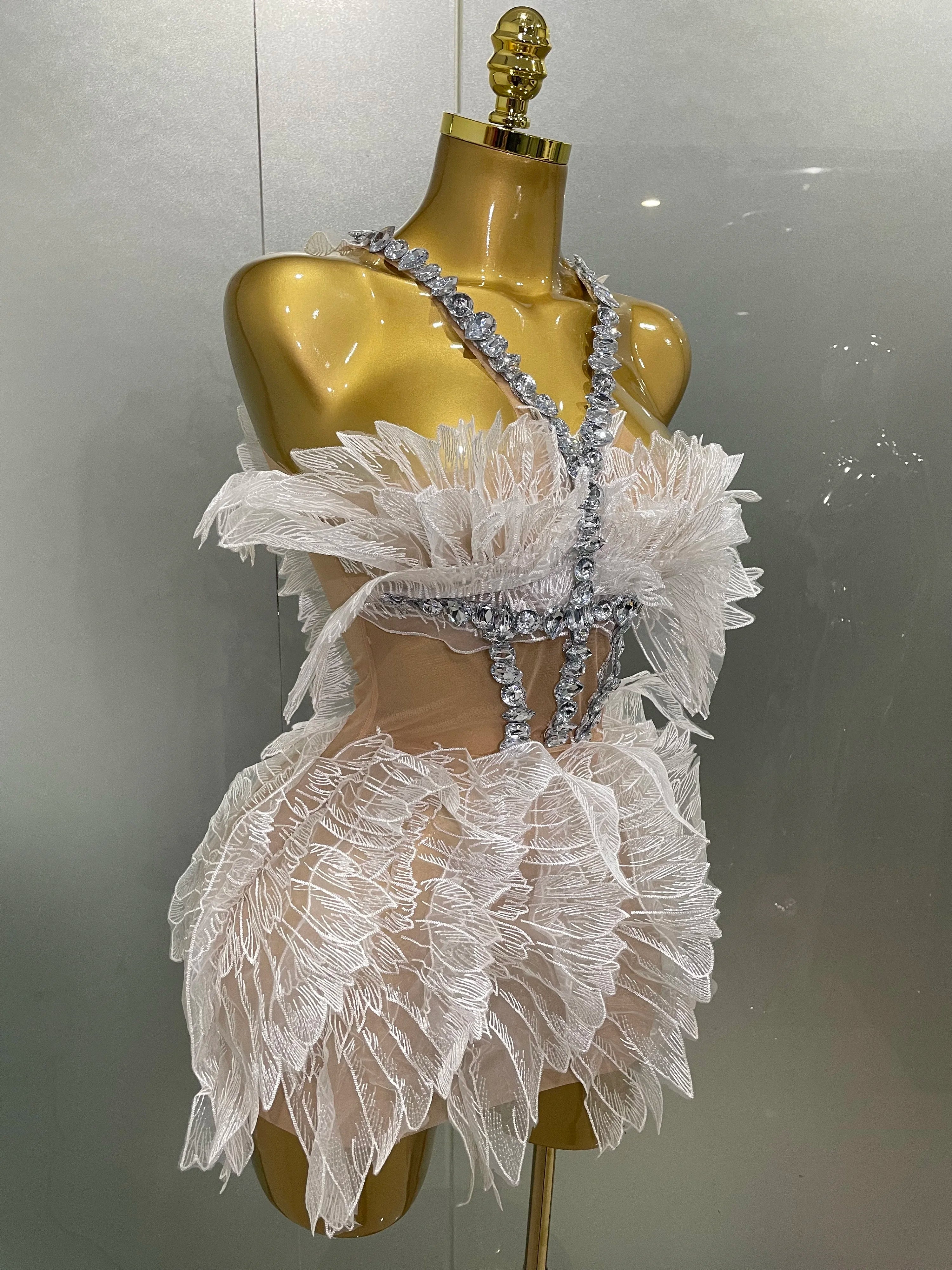 Sexy Shining Gold Crystal Transparent Wings Mini Dress 2025 Women Birthday Party Bar Nightclub Singer Stage Performance Costume