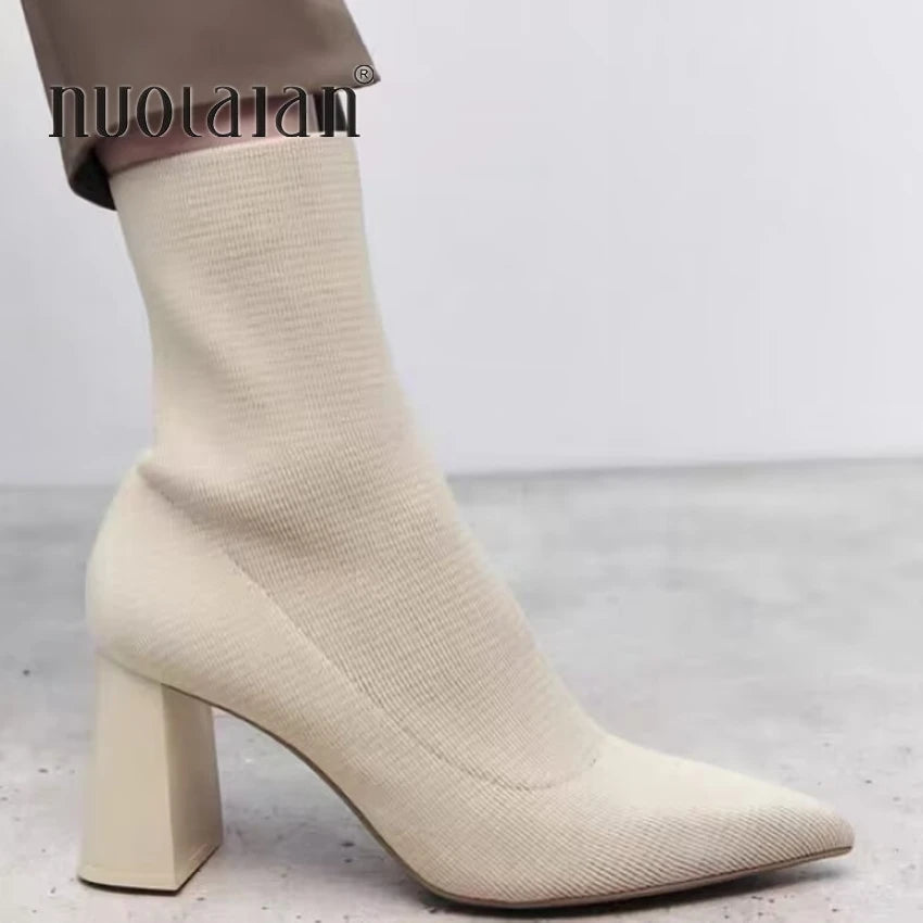 Autumn Winter Knitted Stretch Fabric Socks Boots Women Low Heel Short Boots Pointed Toe Female Ankle Booties Size 42