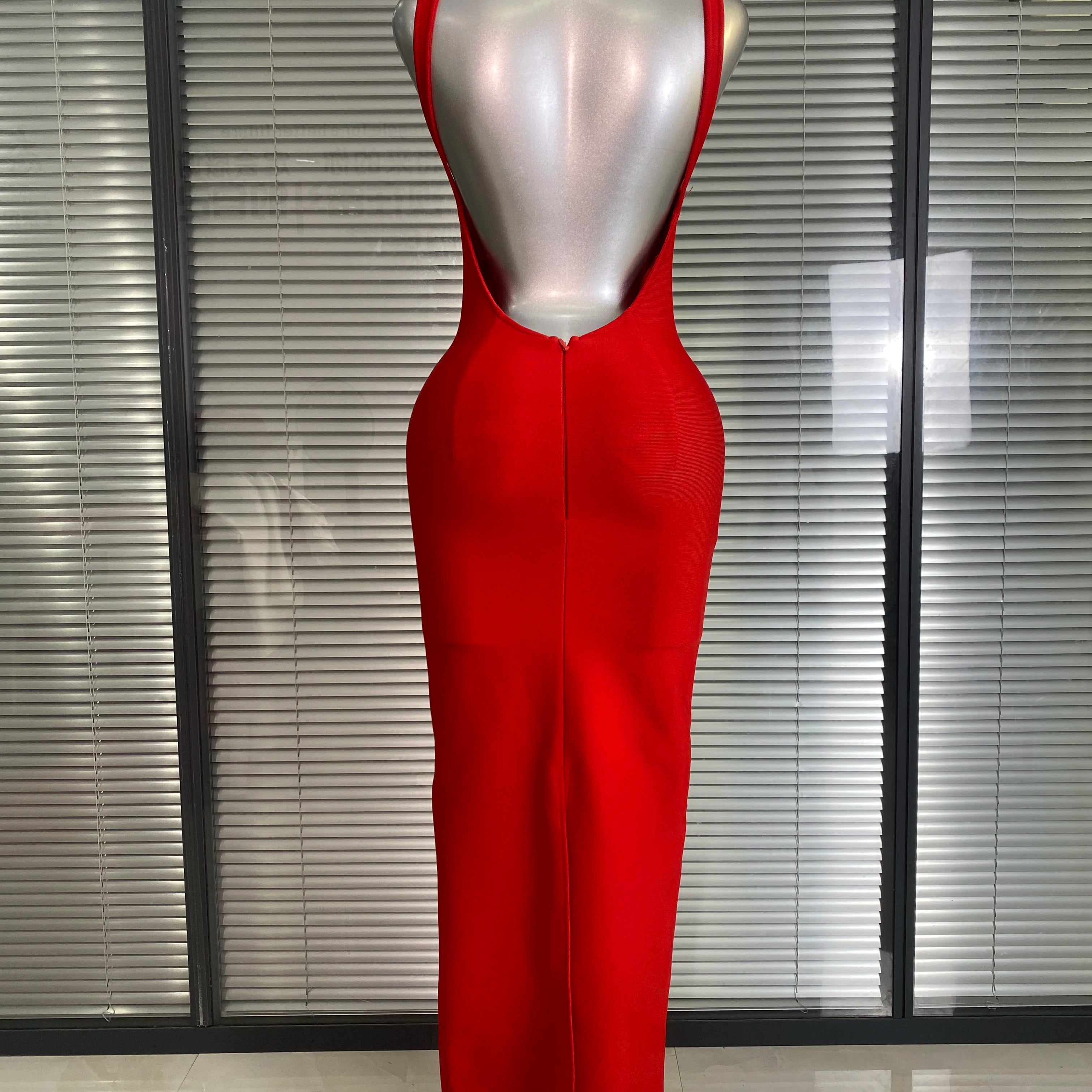 Brand New 2025 Sexy Women Deep V Neck Backless Red Bandage Dress Celebrity Knitted Elegant Bodycon Party Maxi Dress
