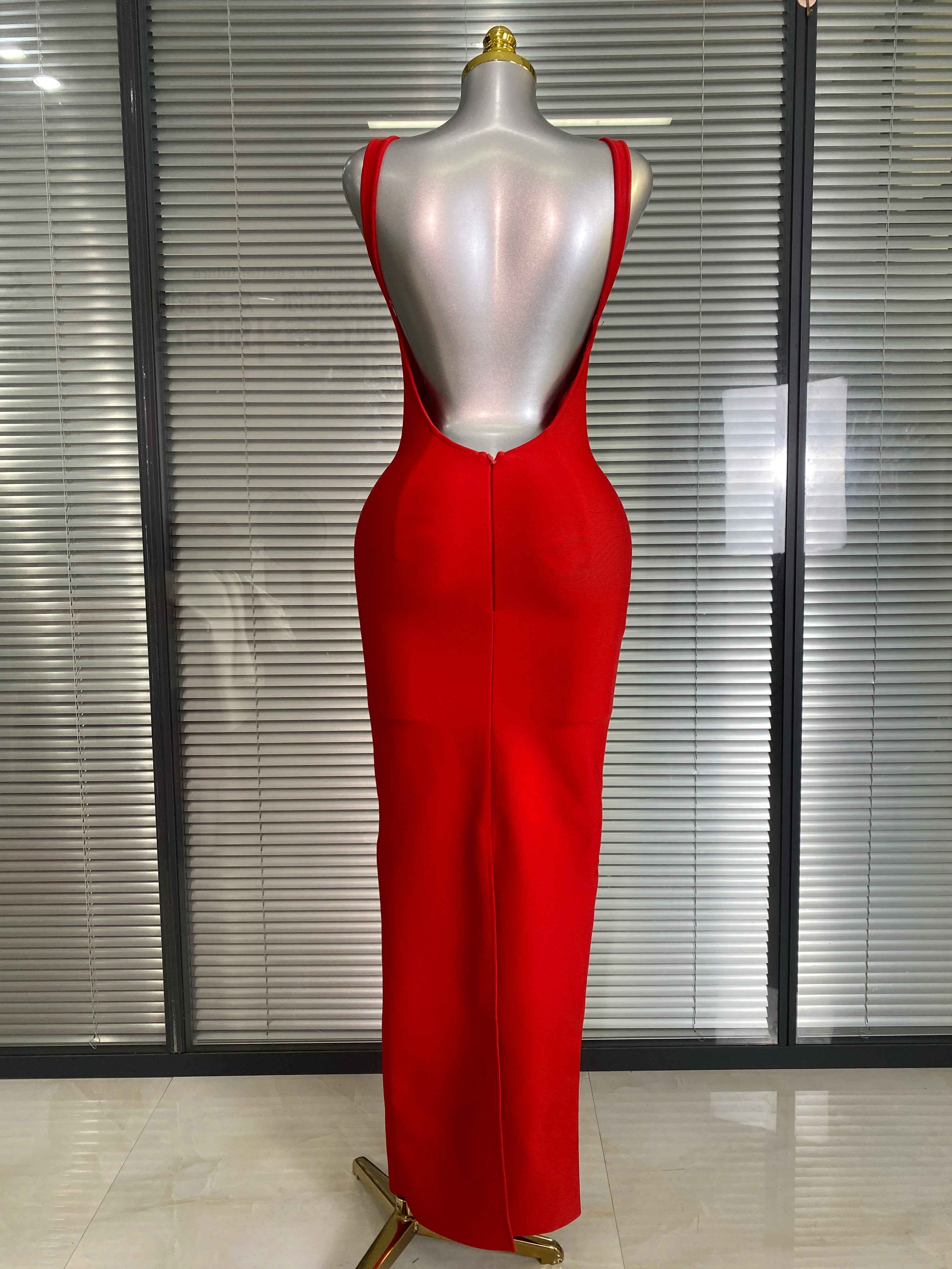 Brand New 2025 Sexy Women Deep V Neck Backless Red Bandage Dress Celebrity Knitted Elegant Bodycon Party Maxi Dress