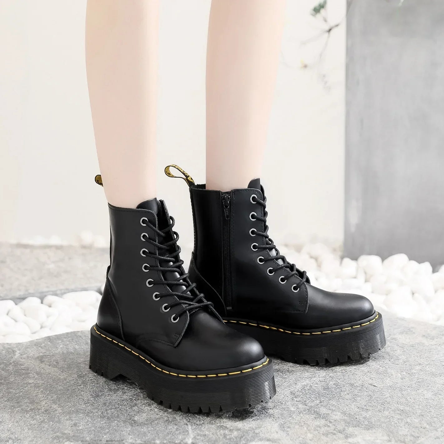Original Women Platform Boots Leather Men Thick Sole Ankle Sexy Female Punk Motorcycle Shoes Combat Booties Plus Size