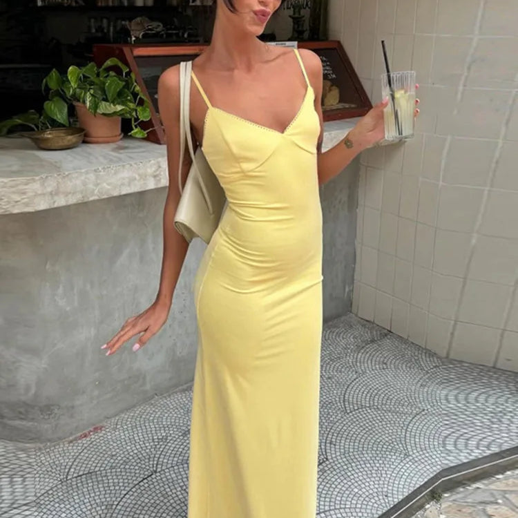 Spaghetti Strap Backless Sexy Maxi Dress For Women Gown Summer Yellow Sleeveless Bodycon Long Dress Vestido