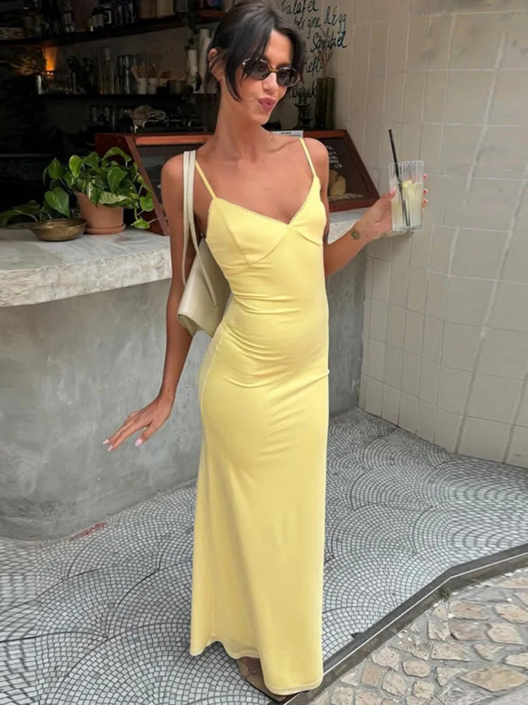 Spaghetti Strap Backless Sexy Maxi Dress For Women Gown Summer Yellow Sleeveless Bodycon Long Dress Vestido