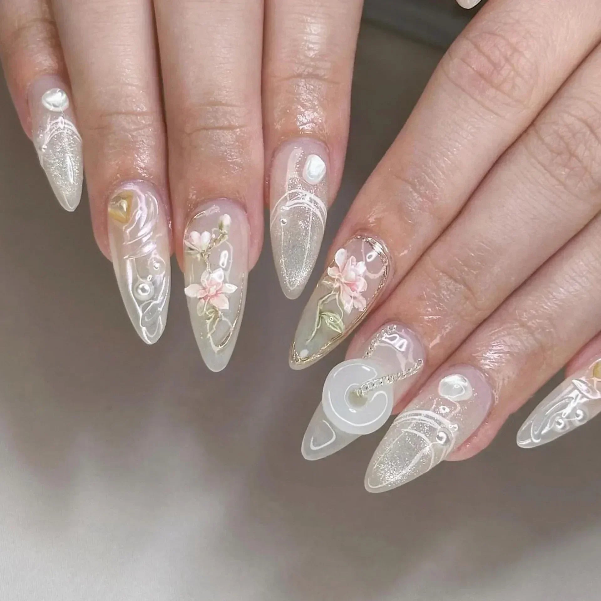 24pcs Short Almond Press on Nails 3D Flower Butterfly Fake Nails with Glue Colorful Natural Acrylic False Nails Full Cover Nails