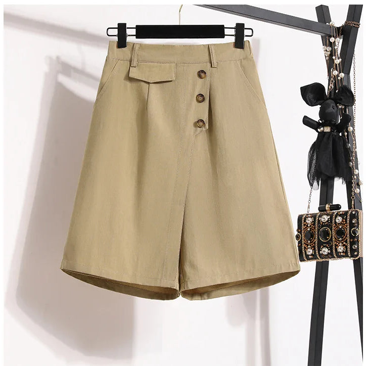 New Ladies Summer Plus Size Fashion Pants For Women Large Loose Asymmetry Shorts 3XL 4XL 5XL 6XL 7XL Clothing Khaki