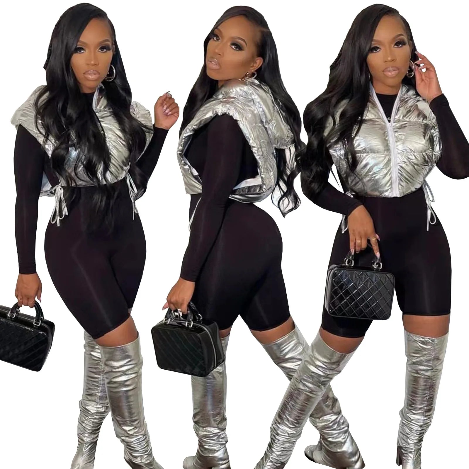 Sexy Side Slit Hooded Puff Jacket Vests Women Bandage Zipper Up Crop Tops Winter Autumn Casual Solid Clothes Streetwear